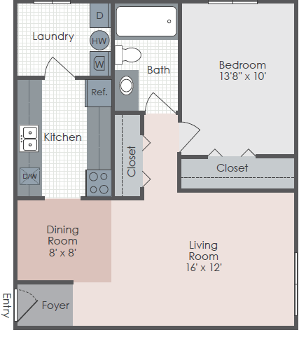 Floor plan for 1 bed, 1 bath, 700 sqft